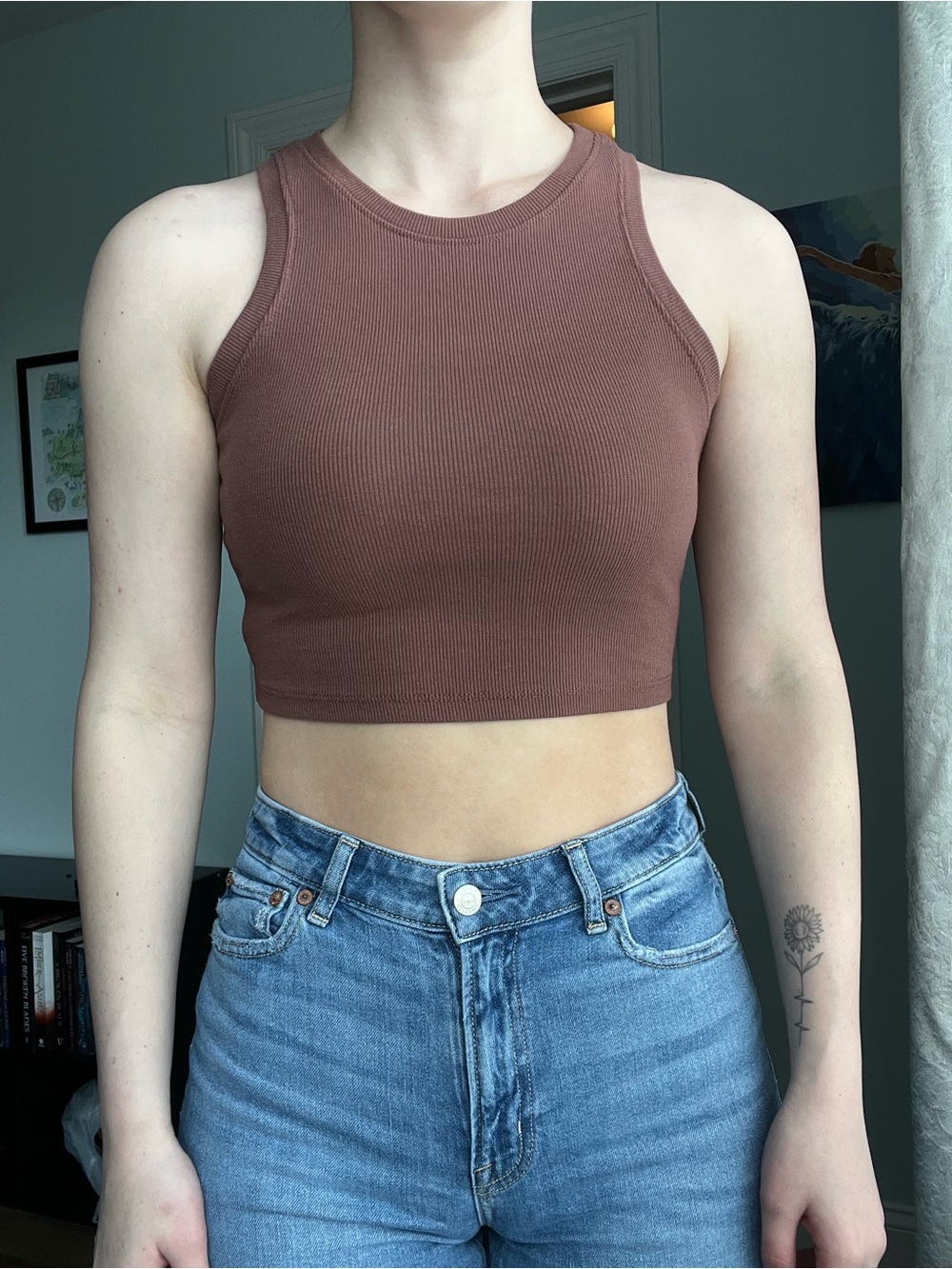 Tillys Brown Ribbed Crop Tank Size S | High Neck Fitted Basic Top